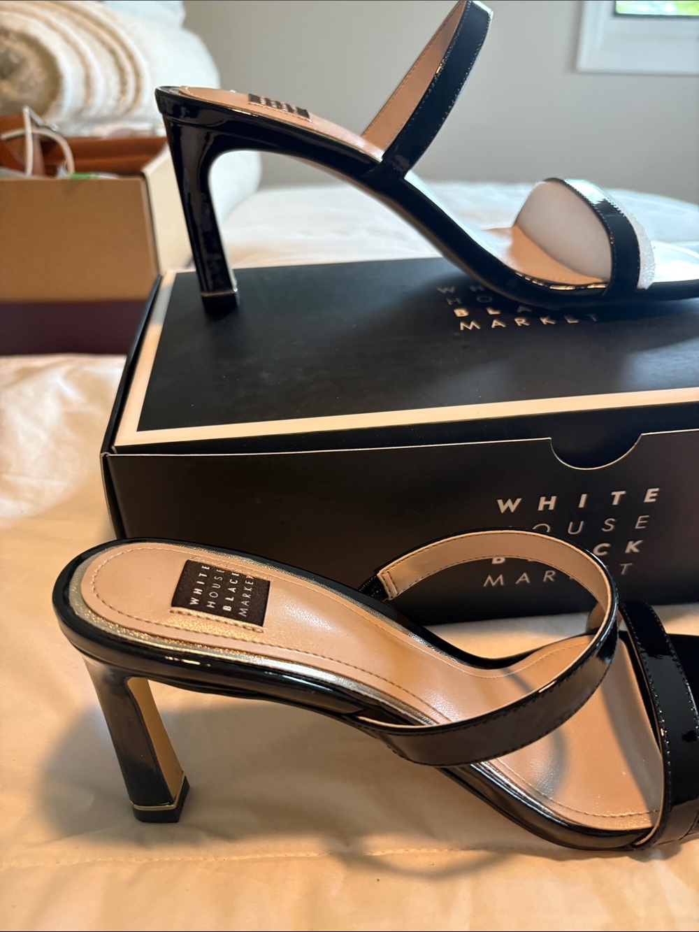 White House Black Market Black Patent Two-Strap Slide Heels
